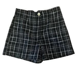 Zara Black Plaid Tweed High Rise Gold Button Dressy Shorts US M